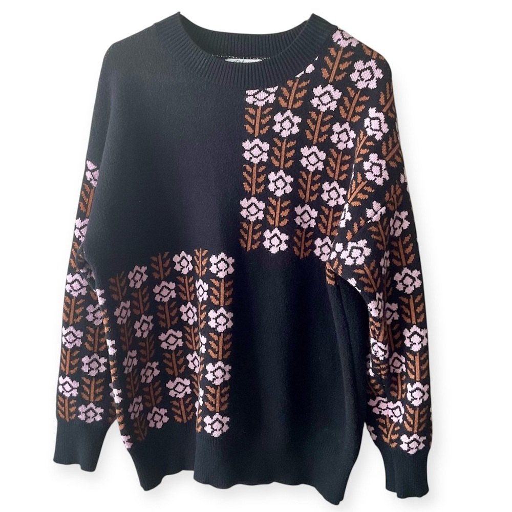 Polagram Black Sweater with Pink and Brown Floral Design